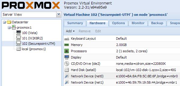 Beispielkonfiguraton einer virtuellen Securepoint UTM unter Proxmox VE