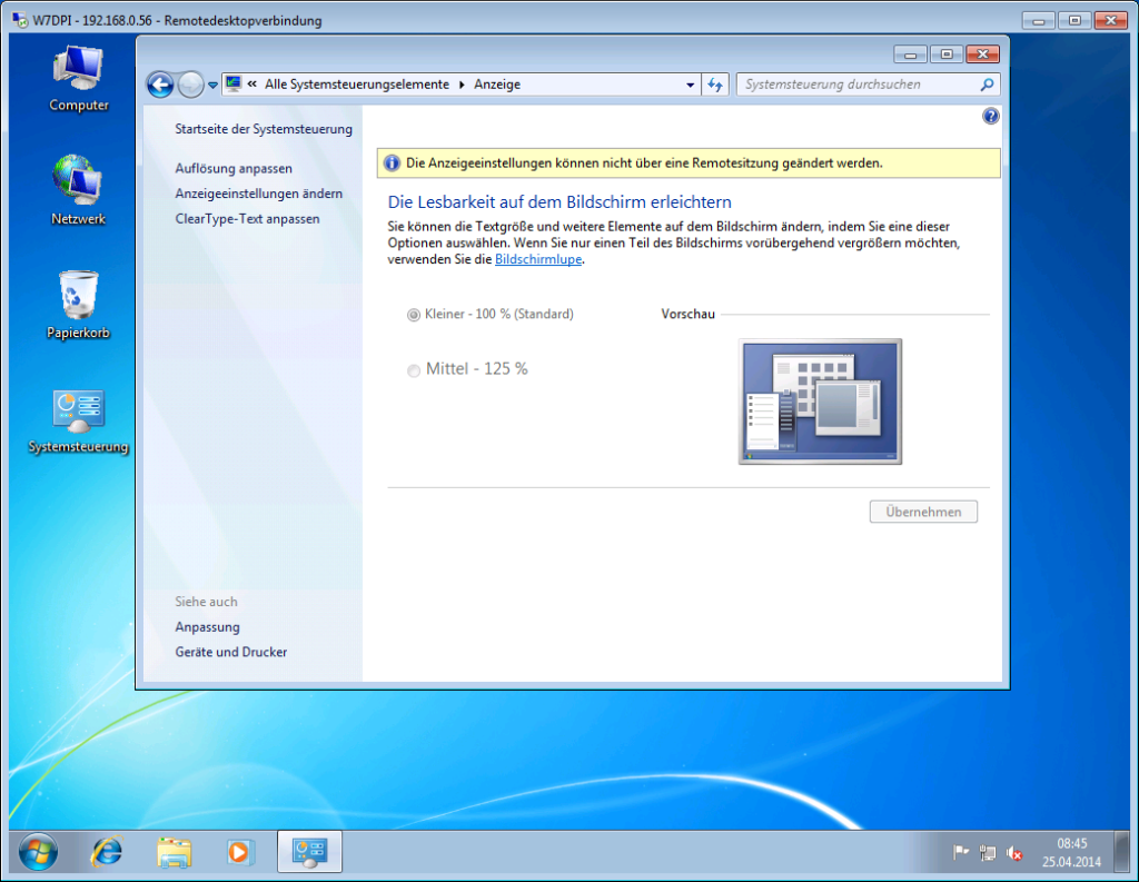 Windows 7 - Anpassen der Lesbarkeit - RDP
